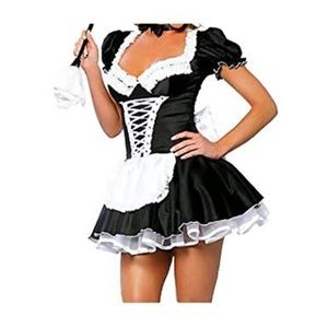 JJ-GOGO French Maid Costume Sexy Black Satin NEW